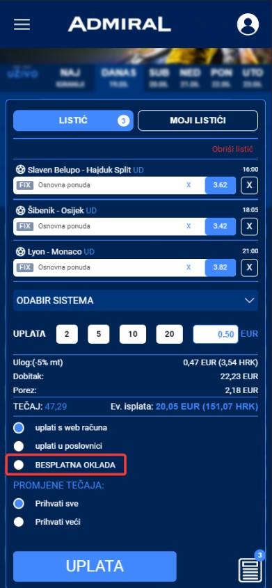 Admiral kladionica Free Bet mobile