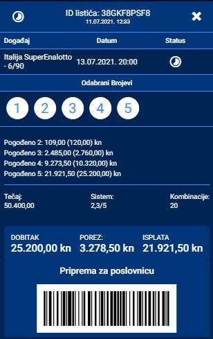Admiral kladionica Loto listić uplaćeno