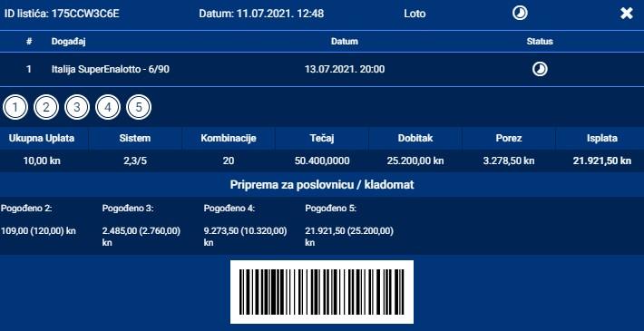 Admiral kladionica Loto listić uplaćeno